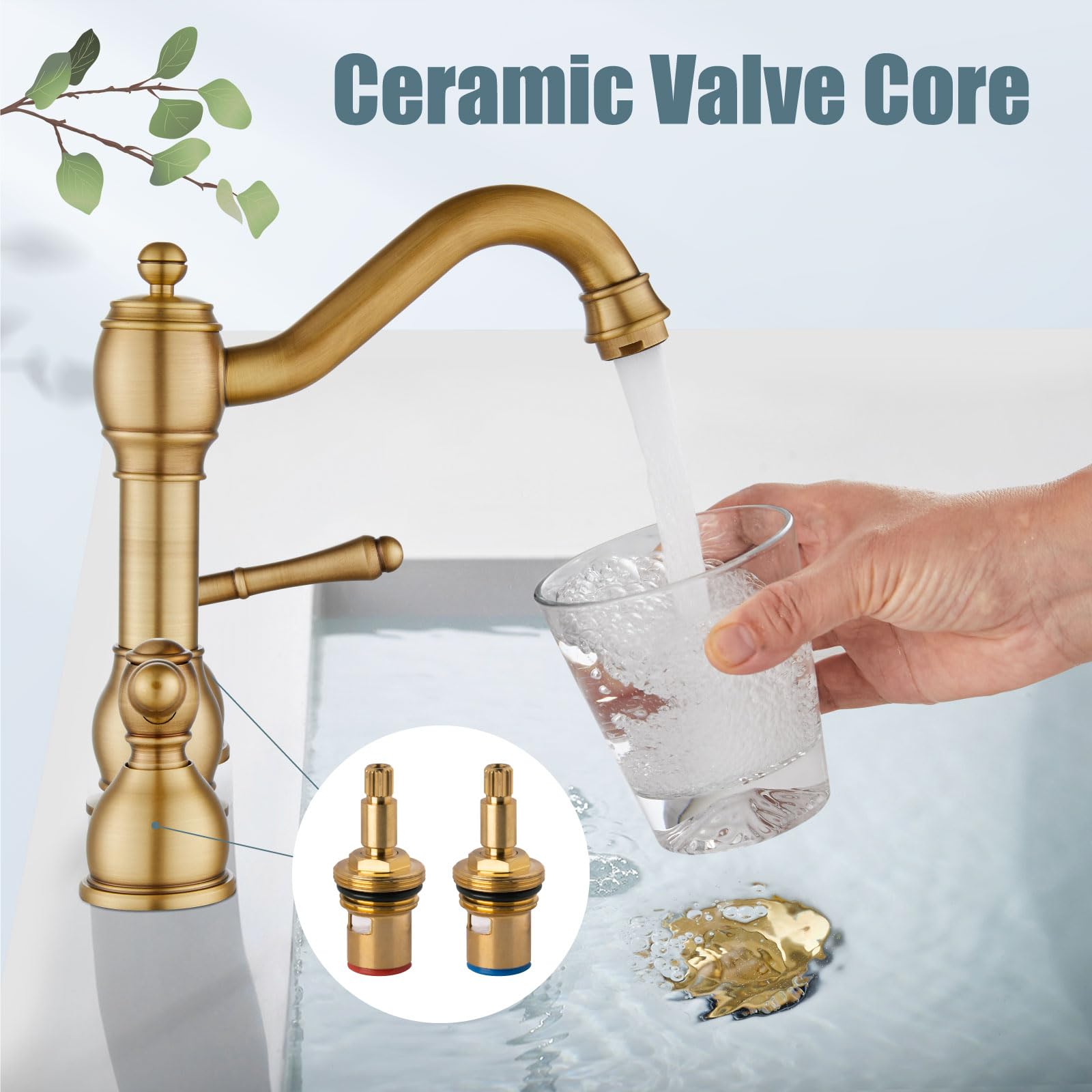 Effortless water use with a modern, vintage-inspired faucet that complements antique brass decor.