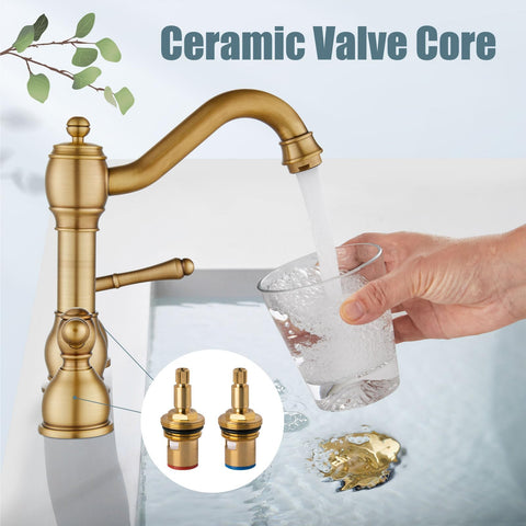 Effortless water use with a modern, vintage-inspired faucet that complements antique brass decor.