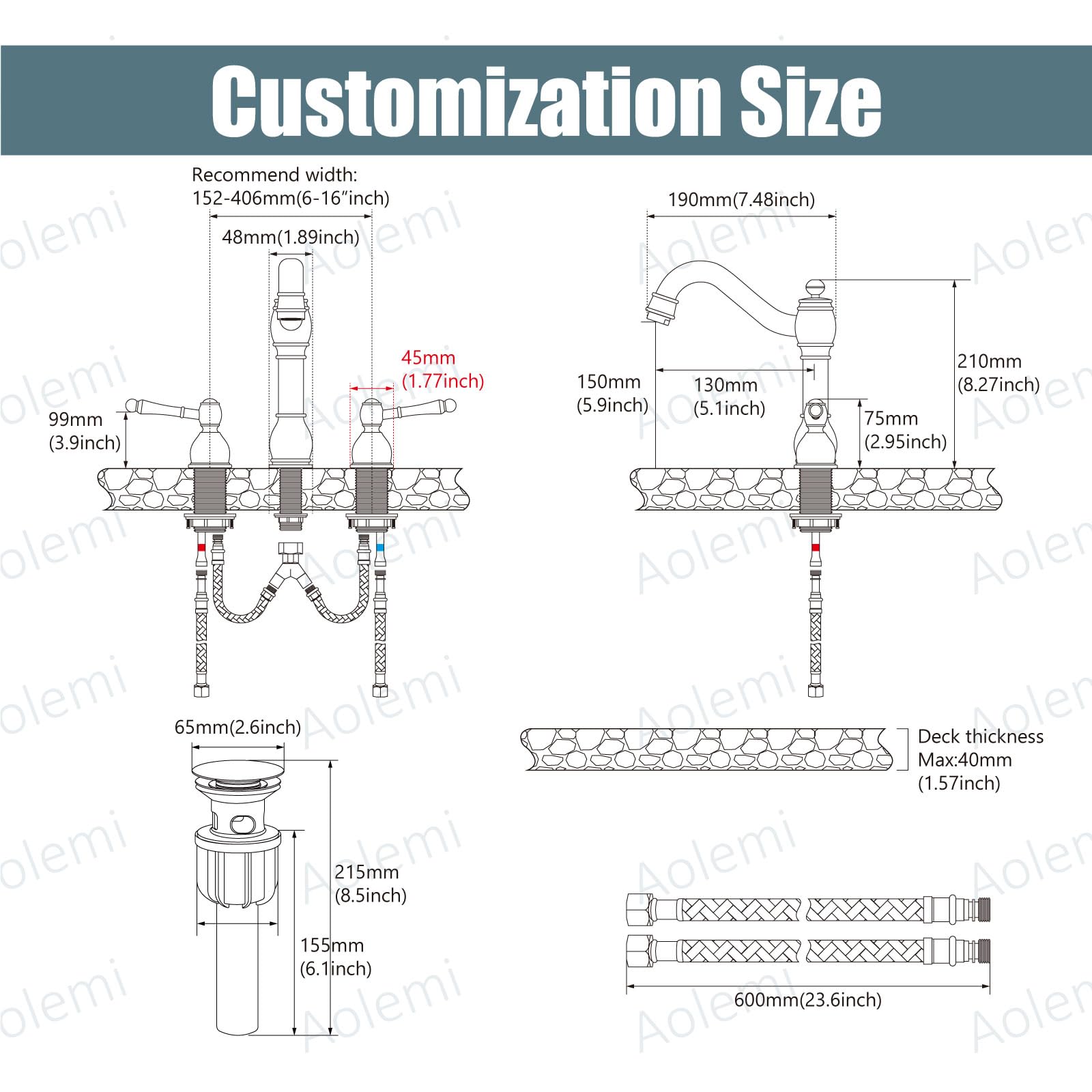 3-hole deck installation fits standard 8-inch sink holes with included hardware.