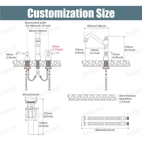 3-hole deck installation fits standard 8-inch sink holes with included hardware.