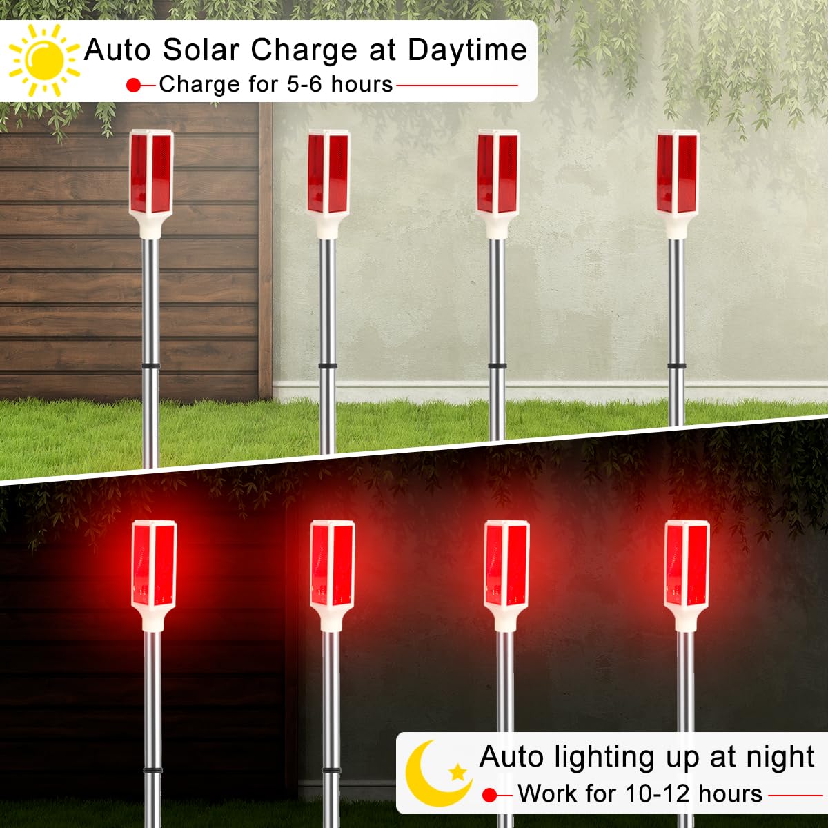 Aolyty 30-inch red stop-sign style markers enhance yard visibility at dusk.