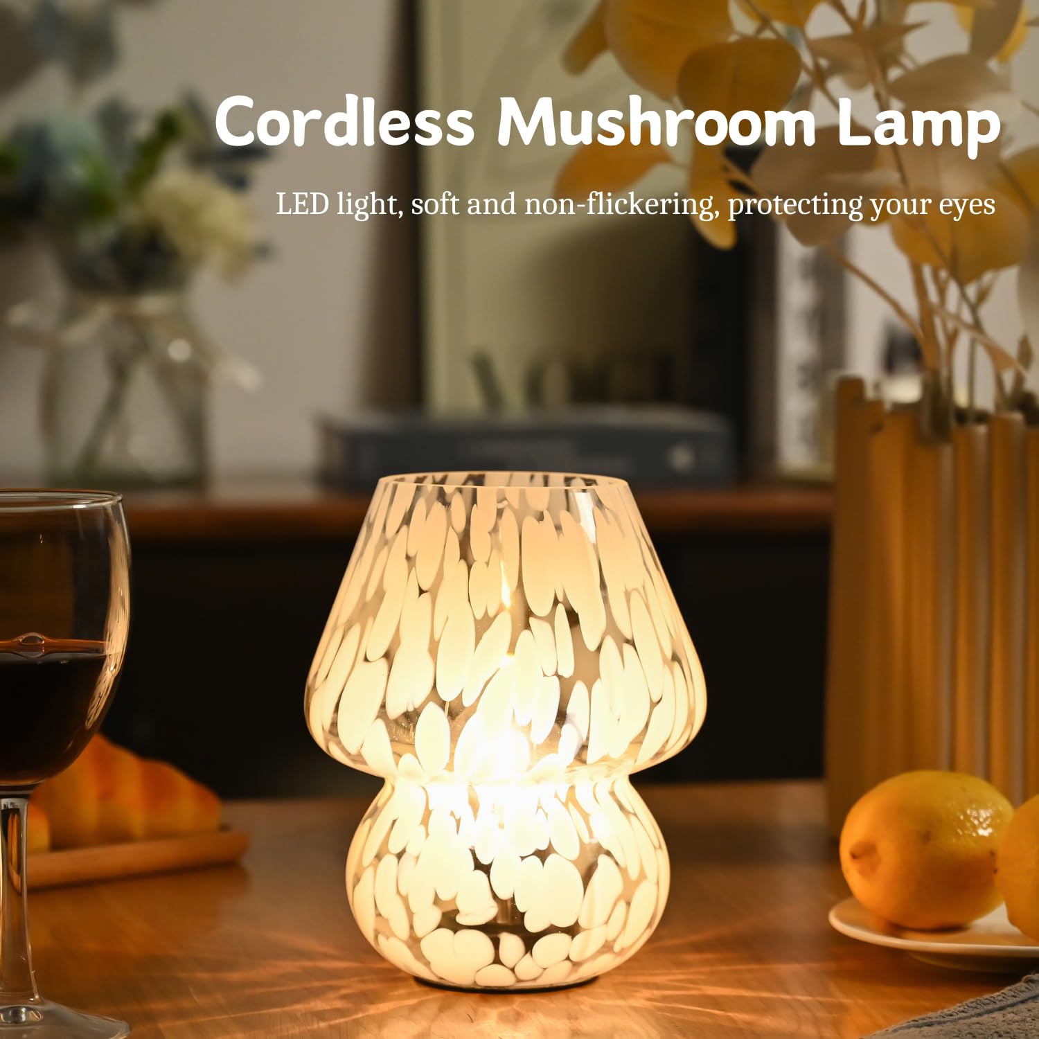 AOMOONOA Mushroom Lamp on bedside shelf adds warm accent lighting for reading.
