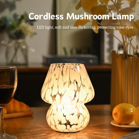 AOMOONOA Mushroom Lamp on bedside shelf adds warm accent lighting for reading.