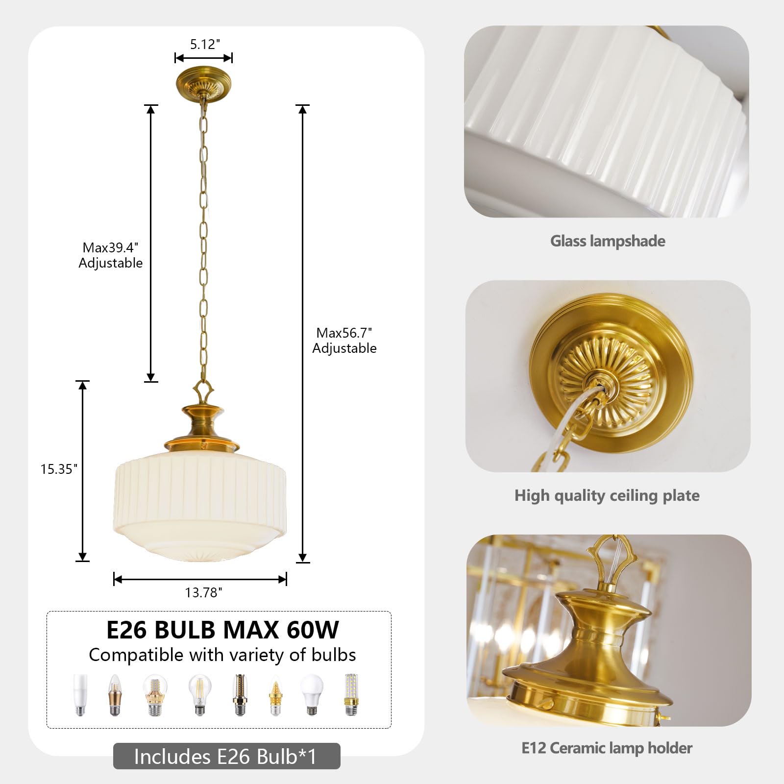 Aomuo E26 base pendant supports a wide bulb range.