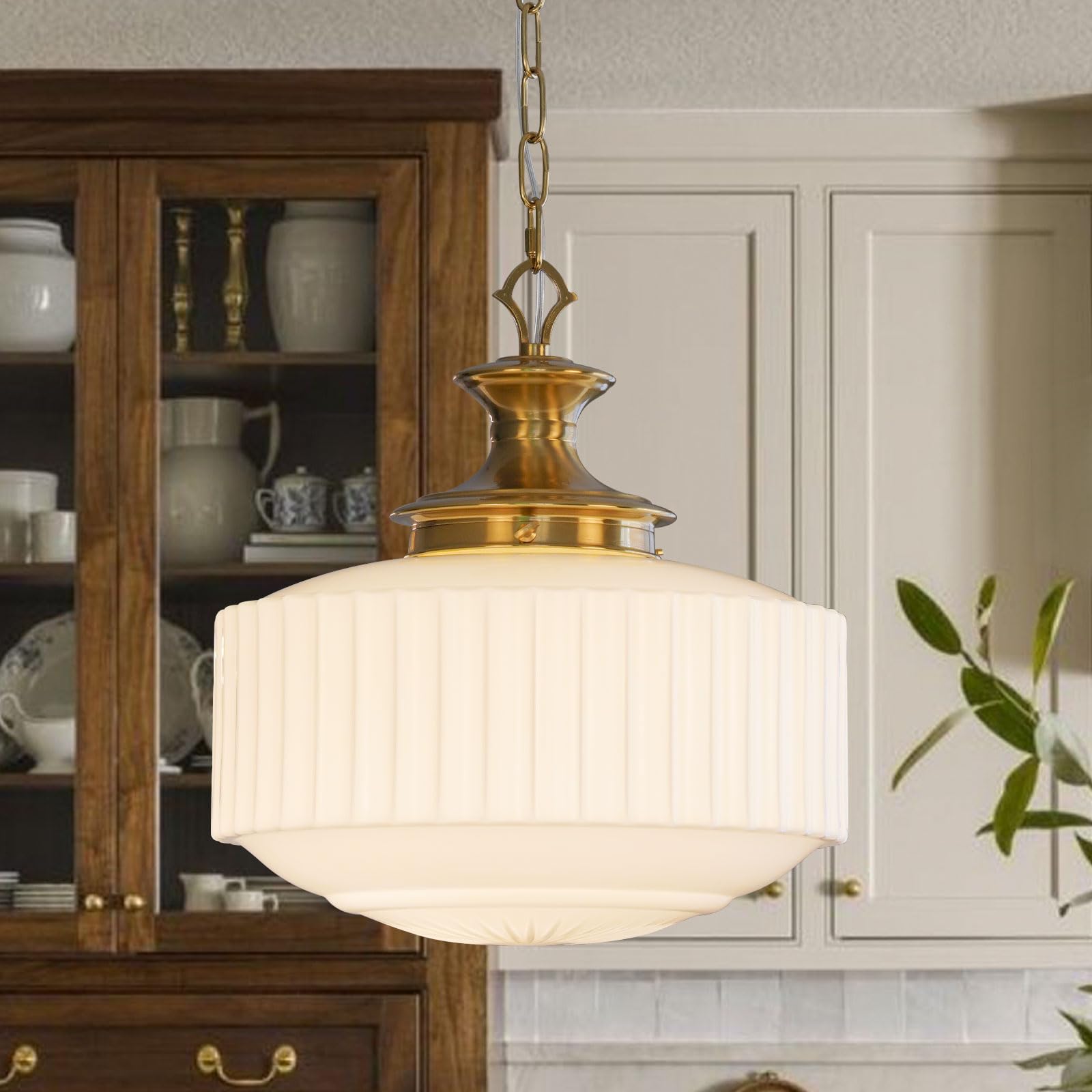 Aomuo vintage brass milk glass pendant shade brightens dining spaces.