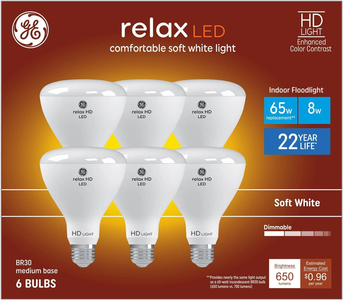 AONELAS GE Relax BR30 LED bulb in soft white 2700K glow for cozy living room ambiance.