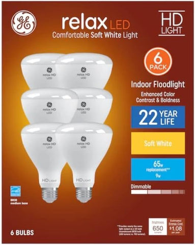 AONELAS GE Relax BR30 LED bulb shown emitting soft white 2700K light for home use.