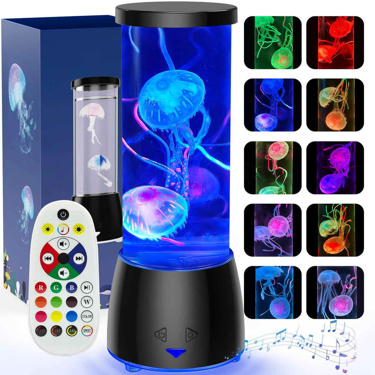 AONESY Jellyfish Lamp with Bluetooth speaker for relaxing music.