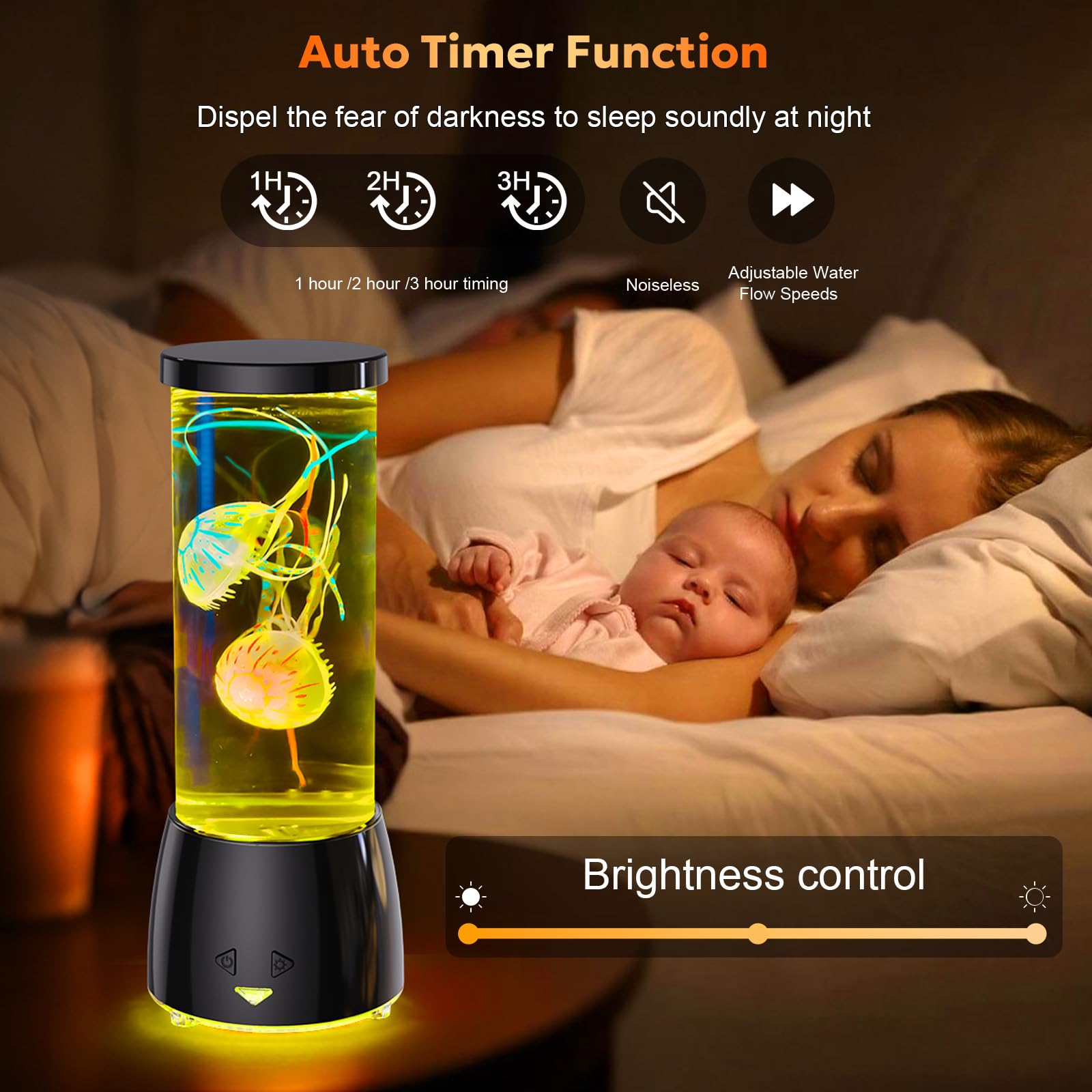 Dimmable brightness on the AONESY Jellyfish Lamp for day or night use.