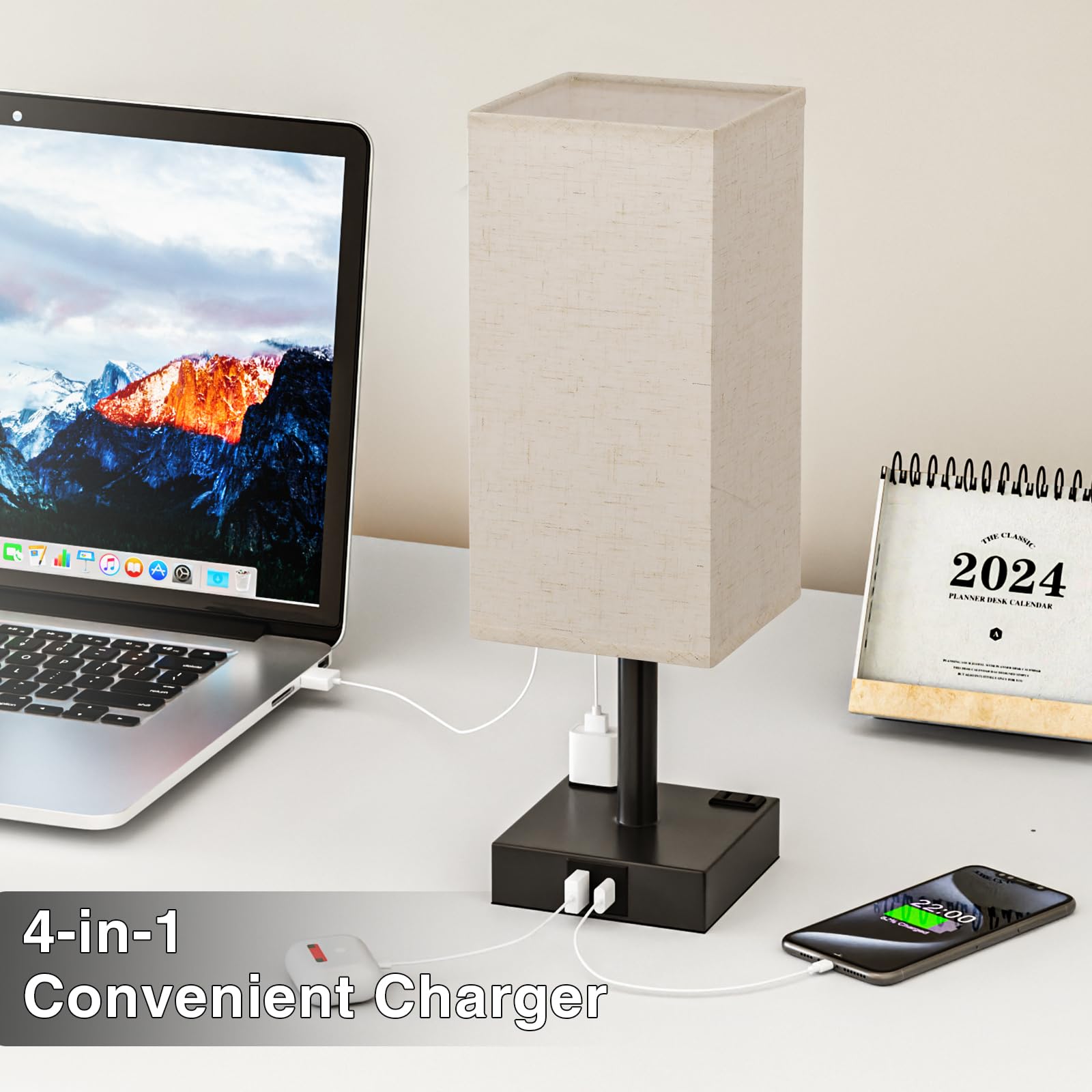 aooshine bedside lamp includes USB-A and USB-C ports for convenient device charging