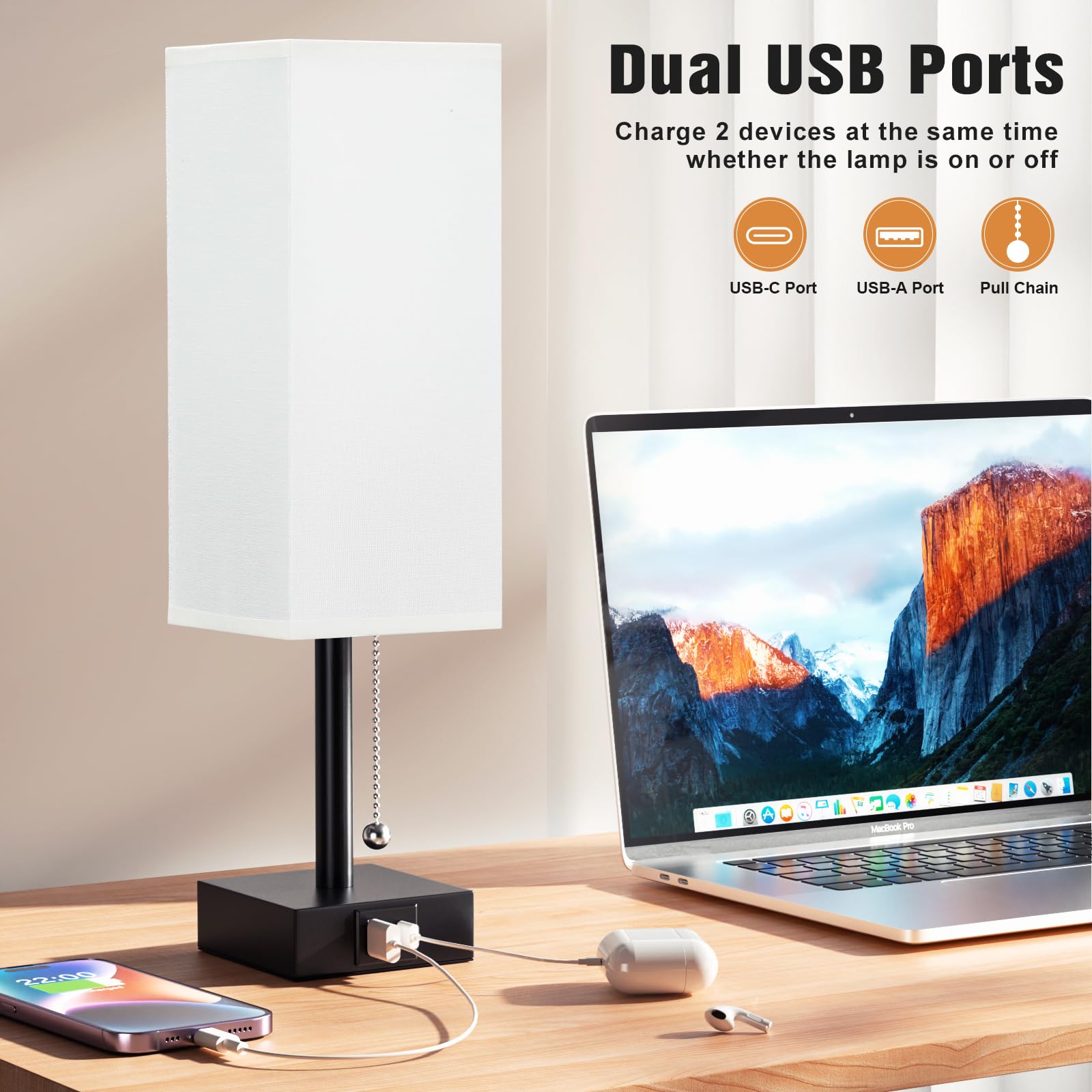 aooshine bedside lamps include USB-C and USB-A ports for easy device charging
