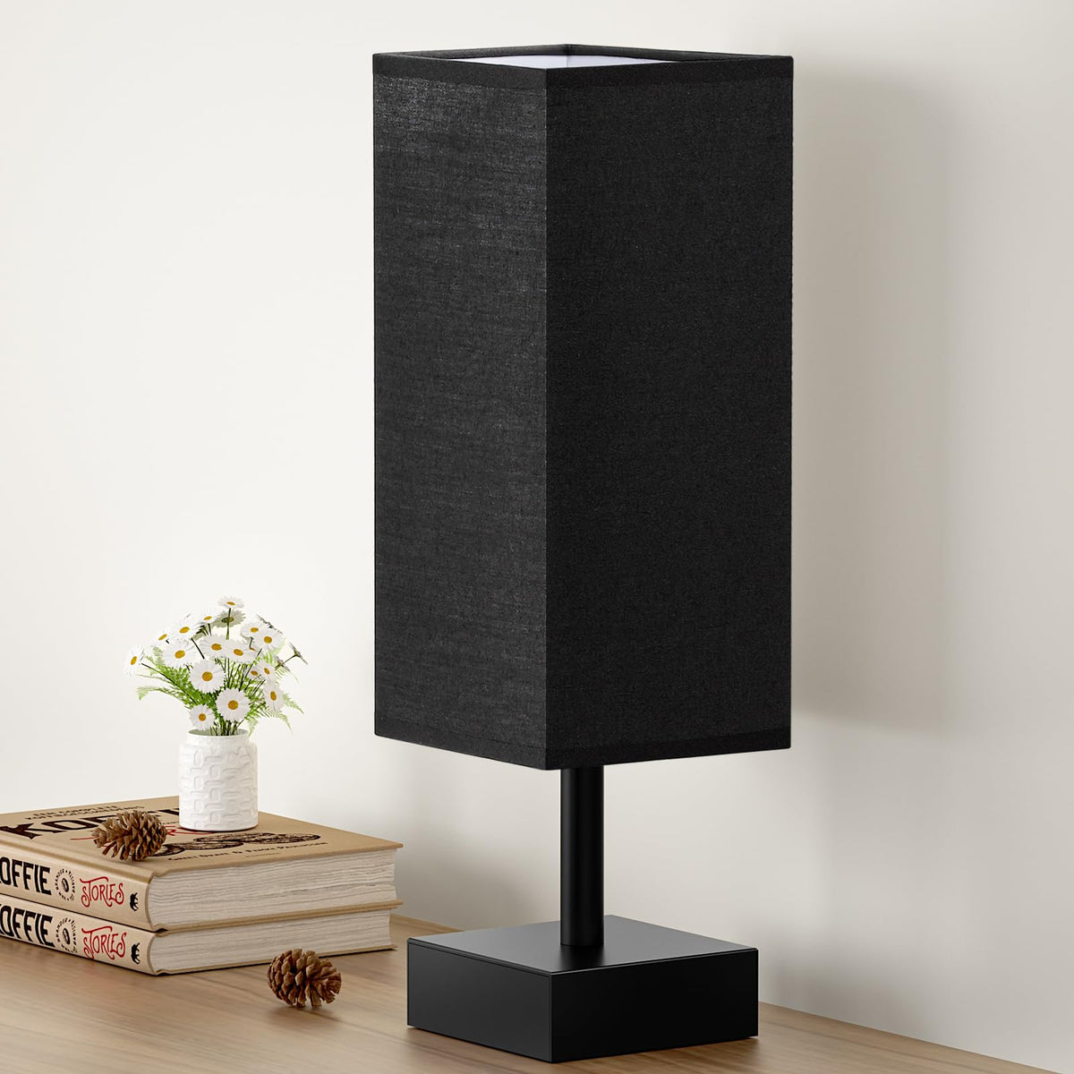 Aooshine black small table lamp, front view with minimalist bedside design.