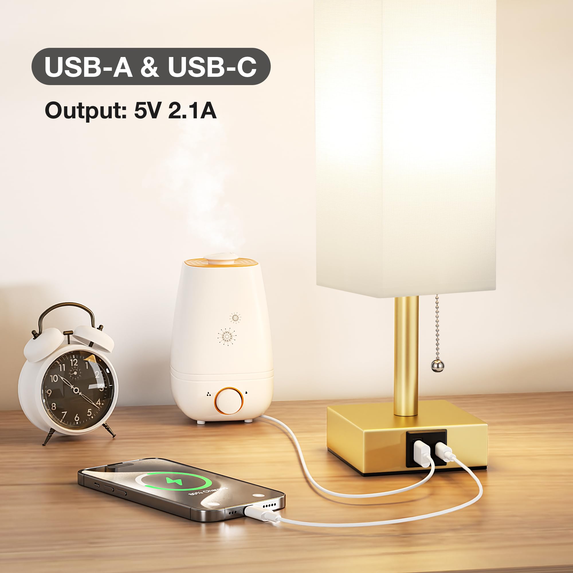 aooshine white small table lamp showing USB-C port for fast device charging.
