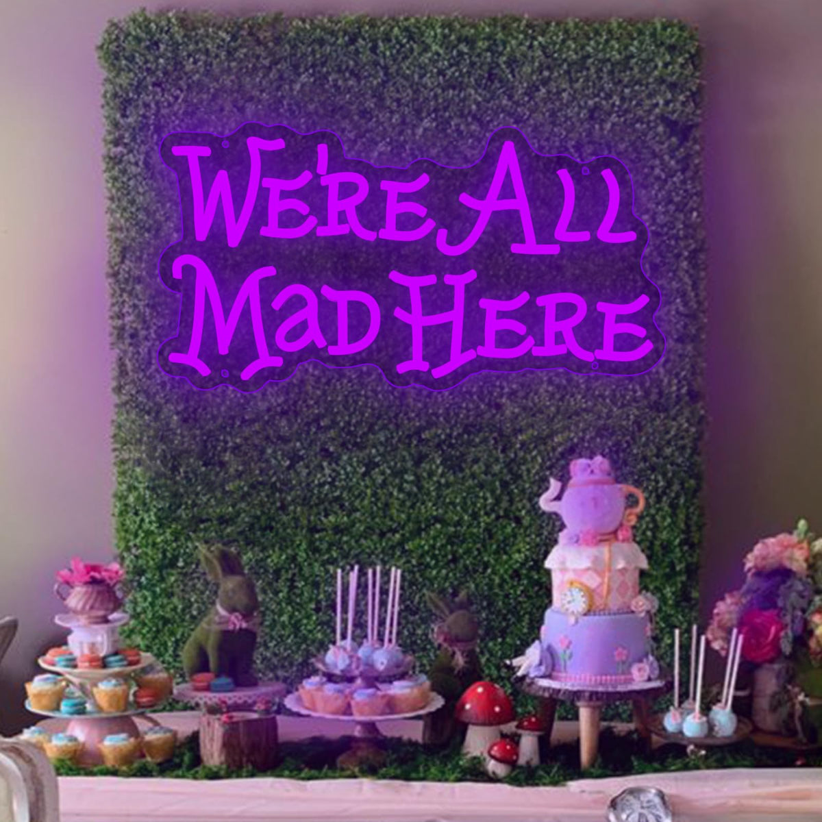 AOOWSDX Alice Wonderland neon sign 16x8 illuminates walls with whimsical charm.