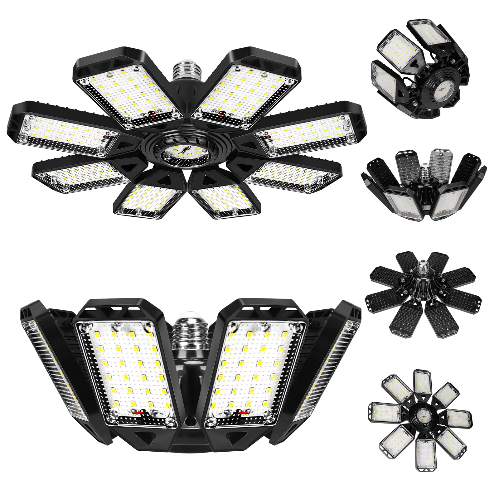 Aoretic 8-panel LED garage light provides wide, glare-free coverage.