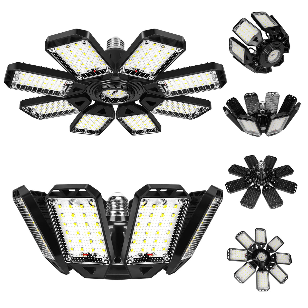 Aoretic 8-panel LED garage light provides wide, glare-free coverage.