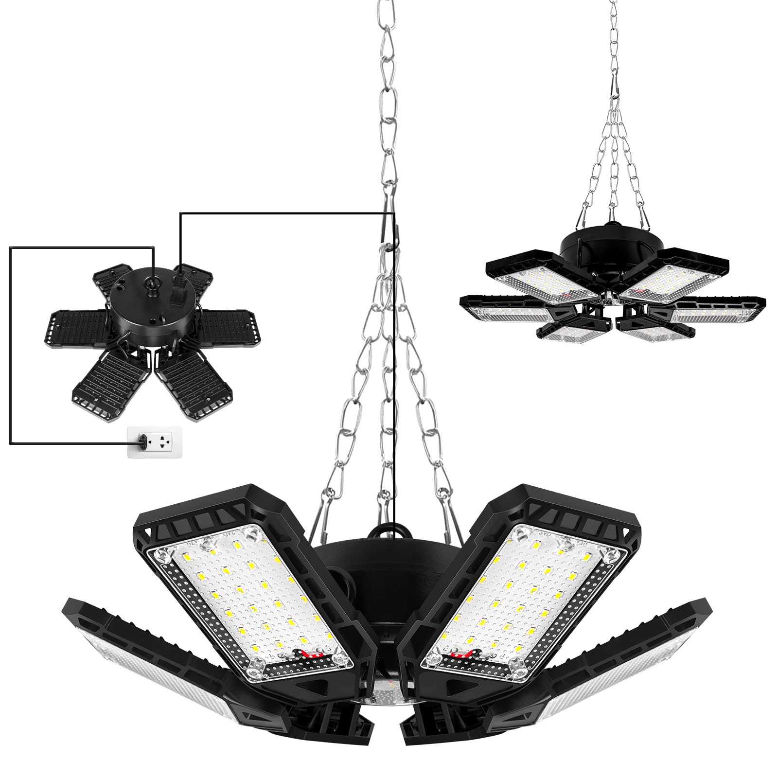 Aoretic LED garage lights with 6+1 panels providing full 360 degree coverage for garages and workshops