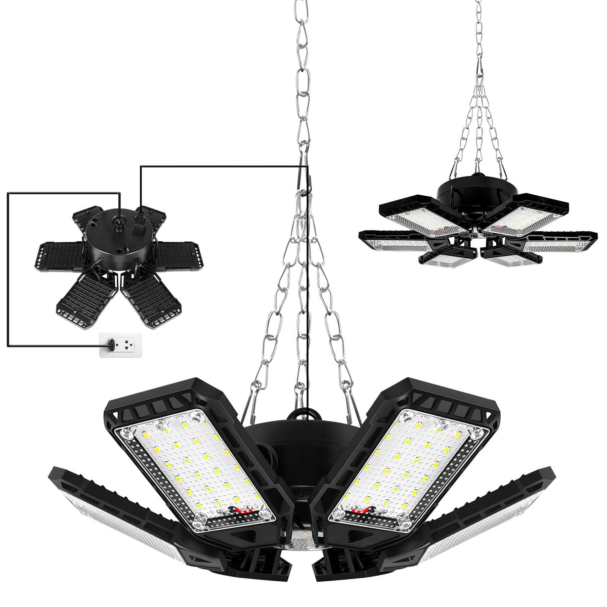 Aoretic LED garage lights with 6+1 panels providing full 360 degree coverage for garages and workshops