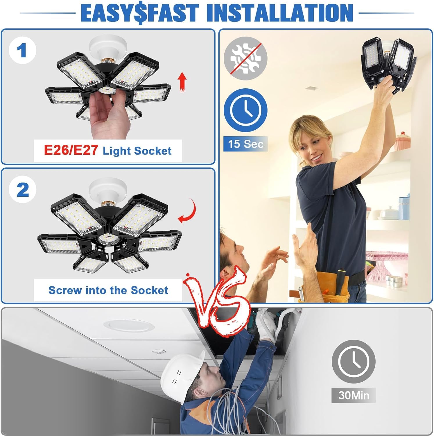 Aoretic garage light installs in minutes using E26/E27 sockets.