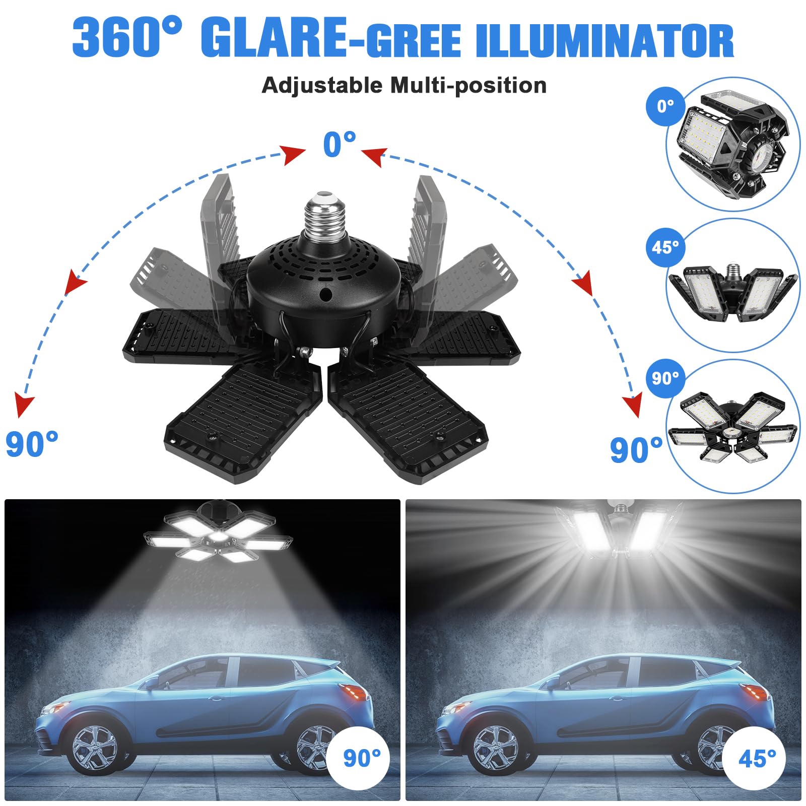 Aoretic LED shop light with 6+1 deformable panels for full coverage