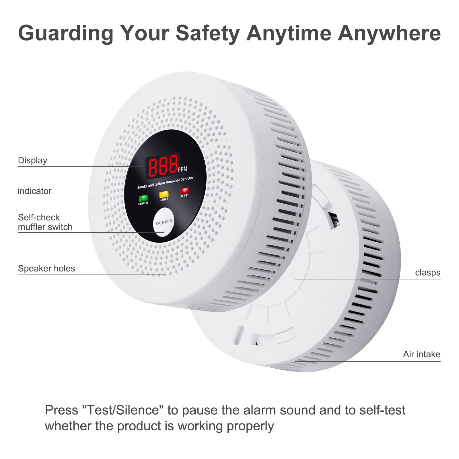 AOTIQUAL detector emits 85-dB alarm with flashing light for warnings.