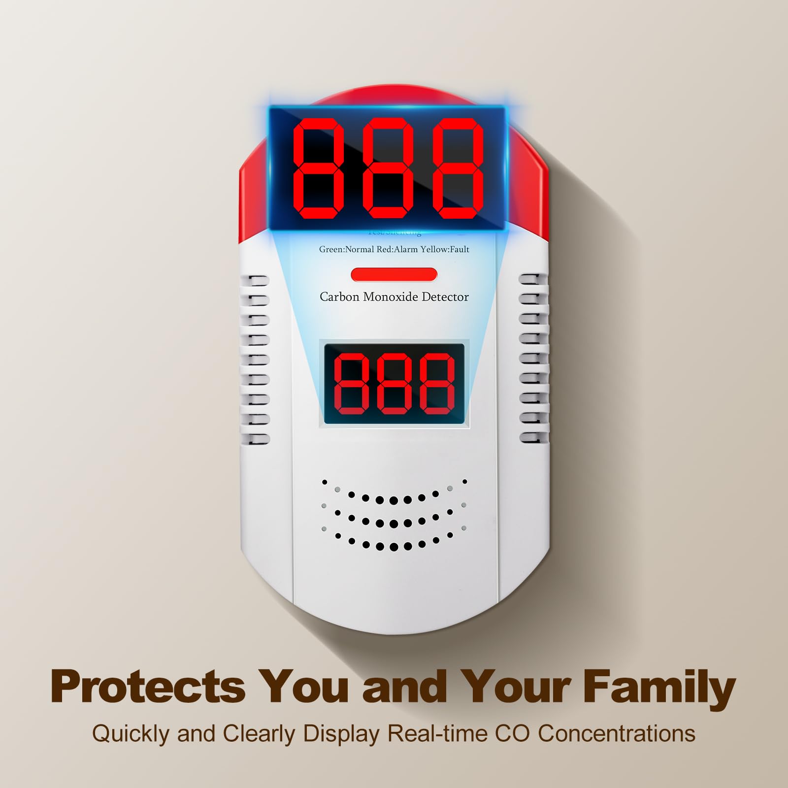 AOTIQUAL detector emits a loud over 85 dB alarm for rapid CO alerts.