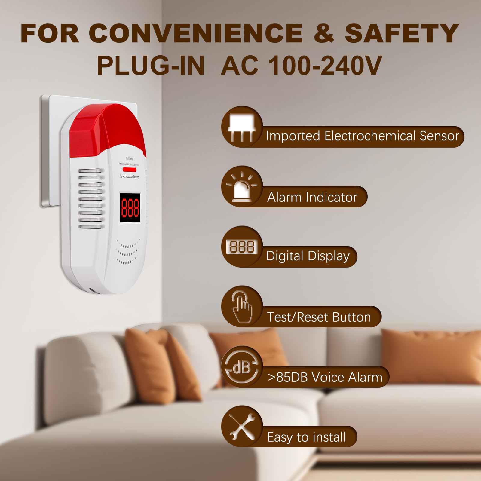 AOTIQUAL compact wall-mounted CO detector ideal for homes and hotels.
