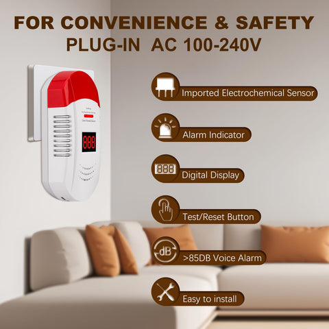 AOTIQUAL compact wall-mounted CO detector ideal for homes and hotels.