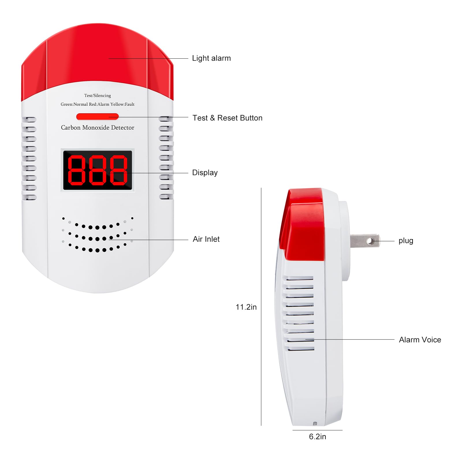 AOTIQUAL CO detector on wall shows LED indicators for quick status checks.