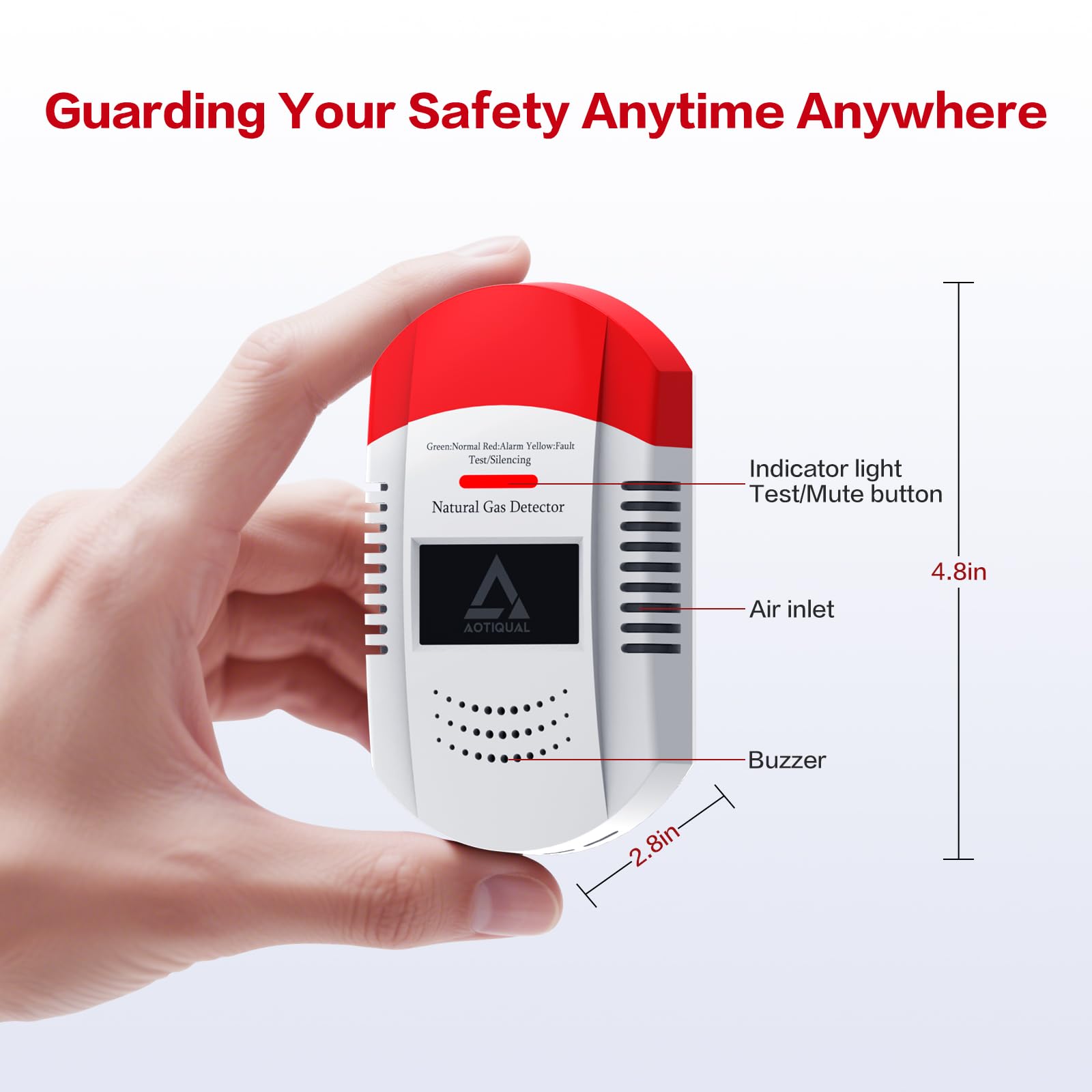 AOTIQUAL gas detector emits a loud audible alarm for immediate leak warnings.
