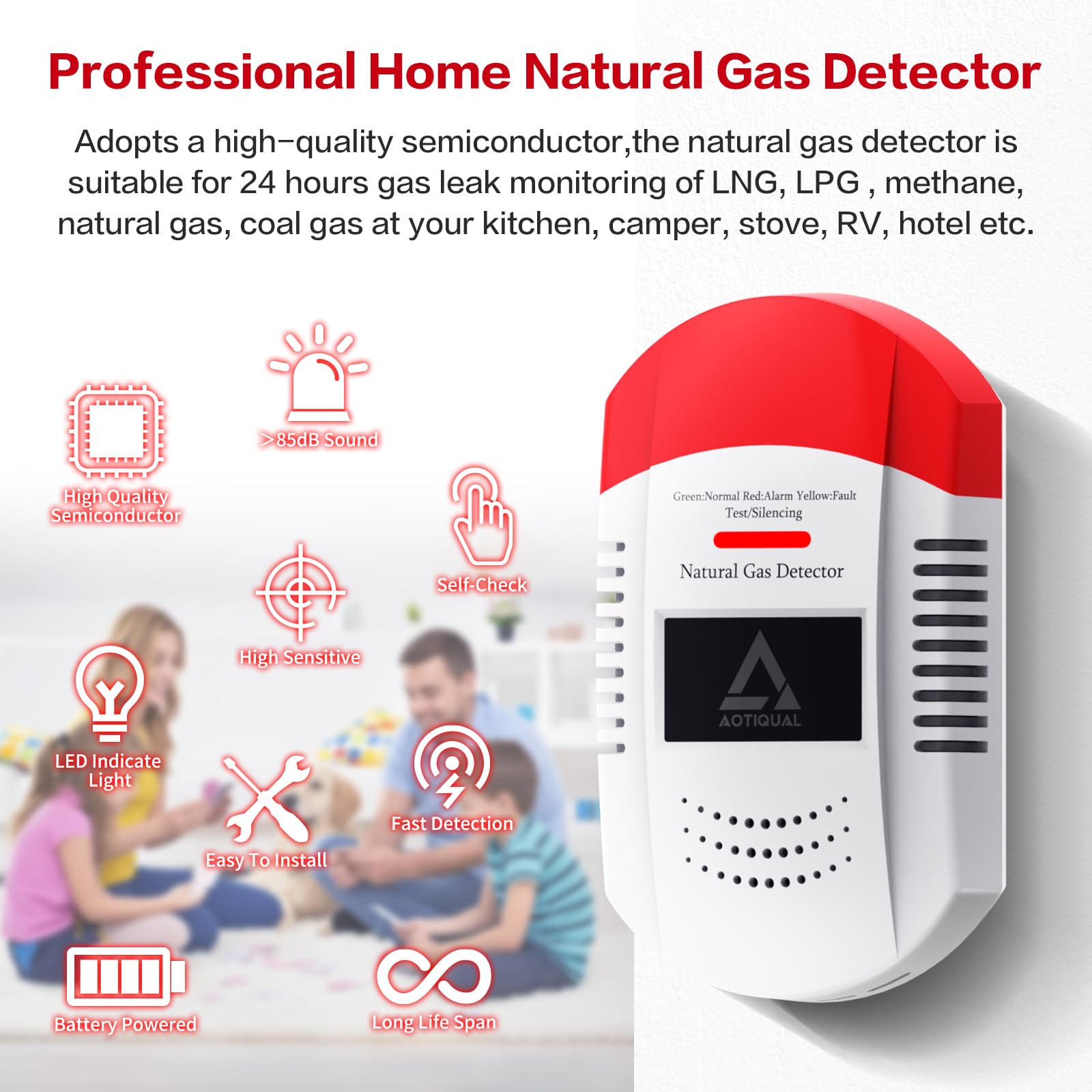 AOTIQUAL detector shown in kitchen setup for home safety use.