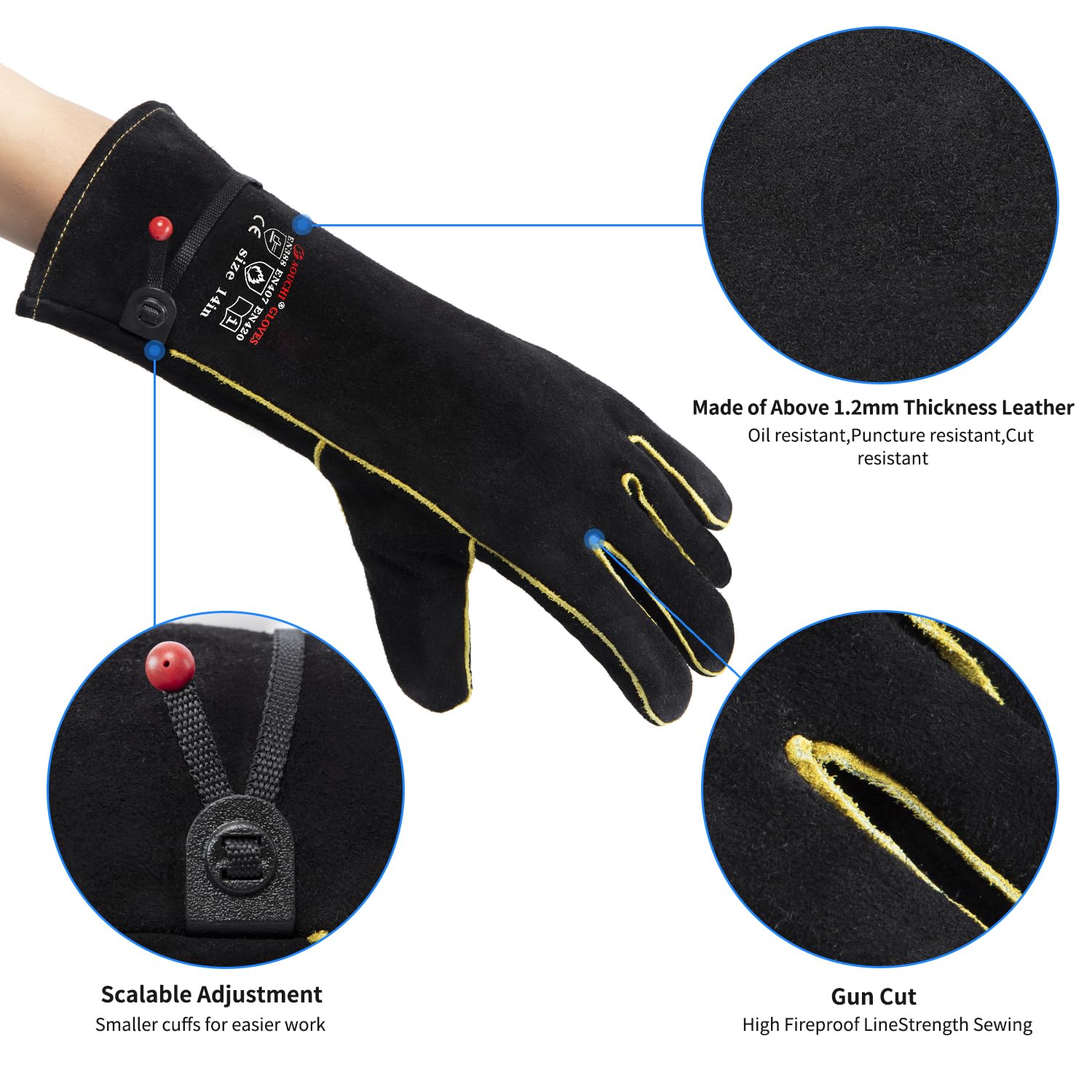 AOUCHI leather welding gloves close-up stitching shows durable Kevlar thread.