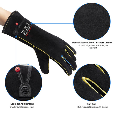 AOUCHI leather welding gloves close-up stitching shows durable Kevlar thread.