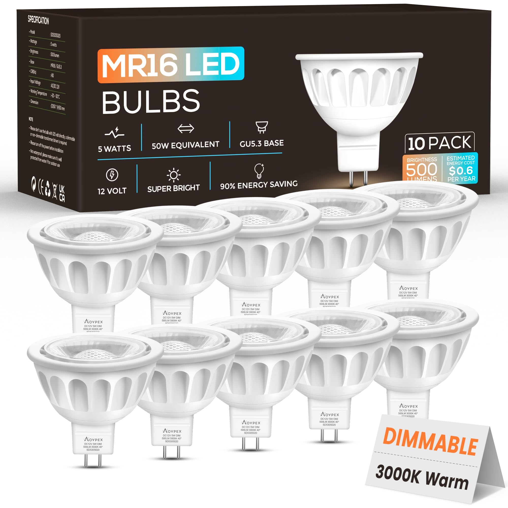 Aovpex dimmable MR16 bulbs front view for warm, energy-efficient lighting