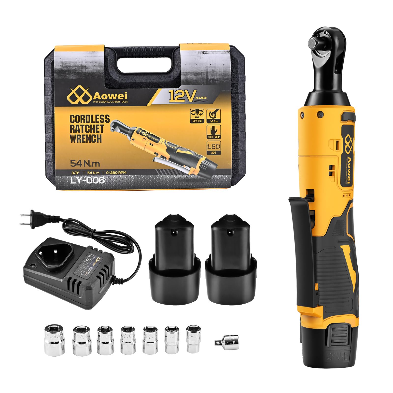 AOWEI 3/8-inch cordless ratchet wrench set enabling fast bolt tightening in auto repairs.