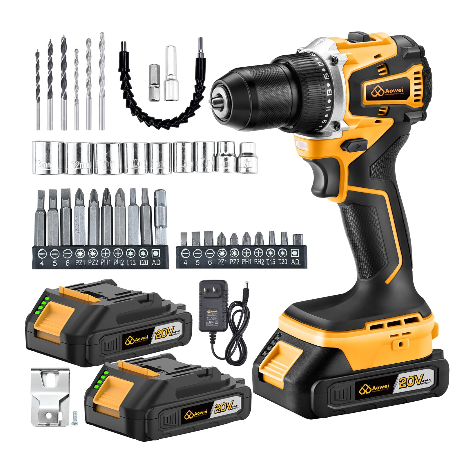 AOWEI cordless drill set with dual 2.0Ah batteries for long-lasting power
