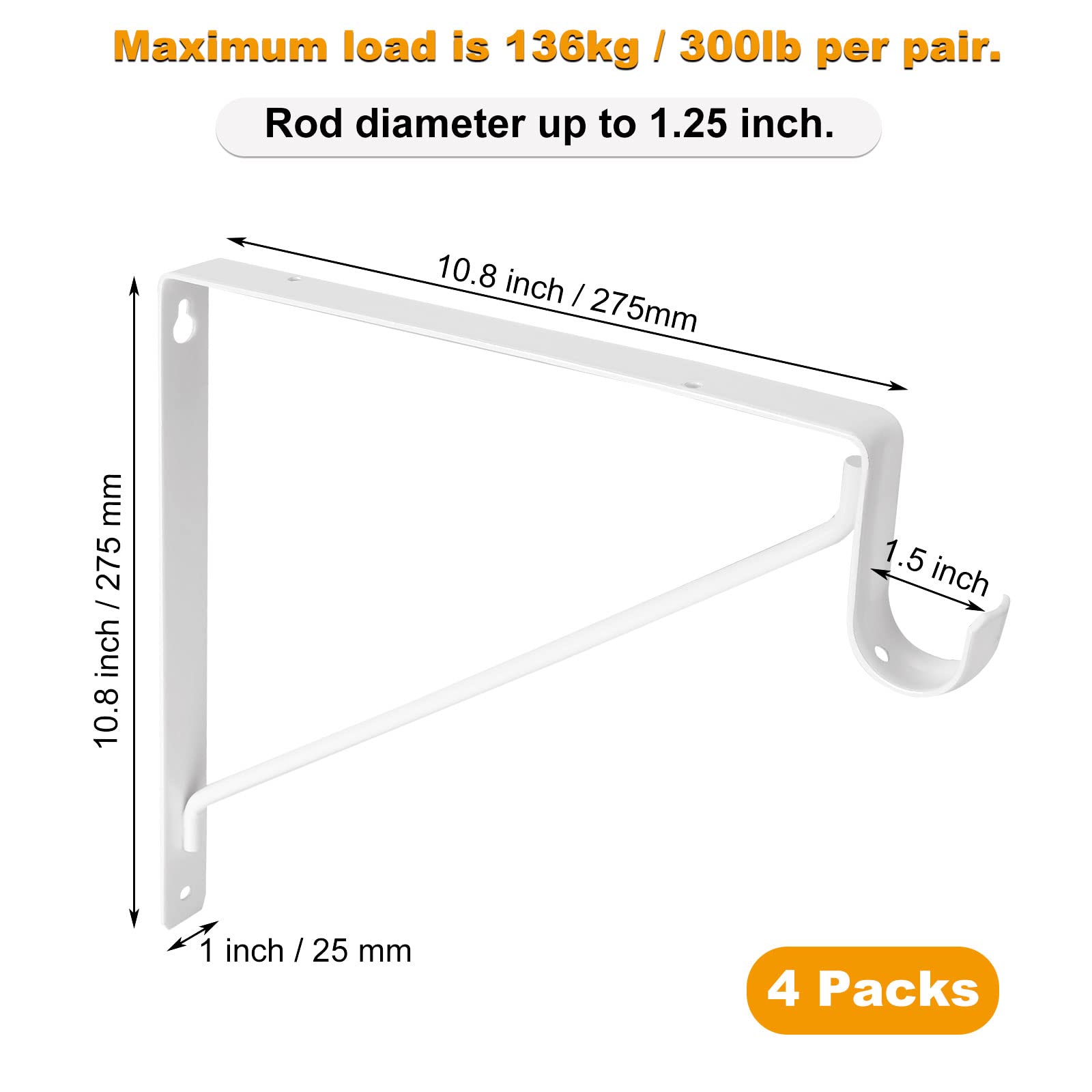 APACALI white steel closet rod bracket with triangular load design for stability.