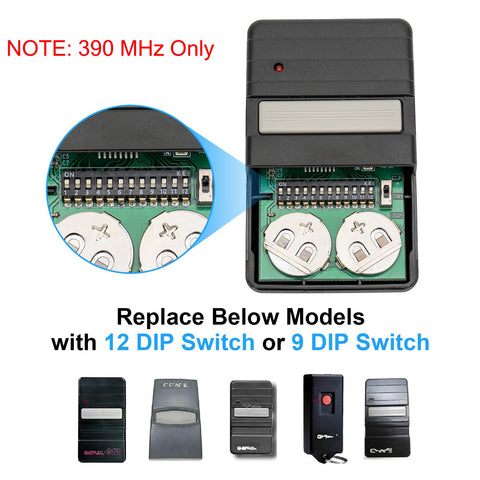 Apaix dip-switch remote GT912 showing 9/12 dip compatibility for Genie doors