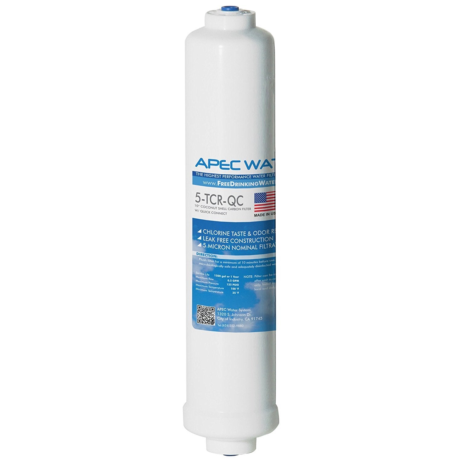APEC Water 5-TCR-QC 10-inch inline carbon filter with quick-connect for easy RO installation.