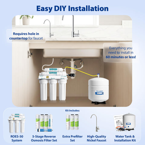 APEC Water ROES-50 tank and brushed nickel faucet in kitchen setup for easy purified water access.