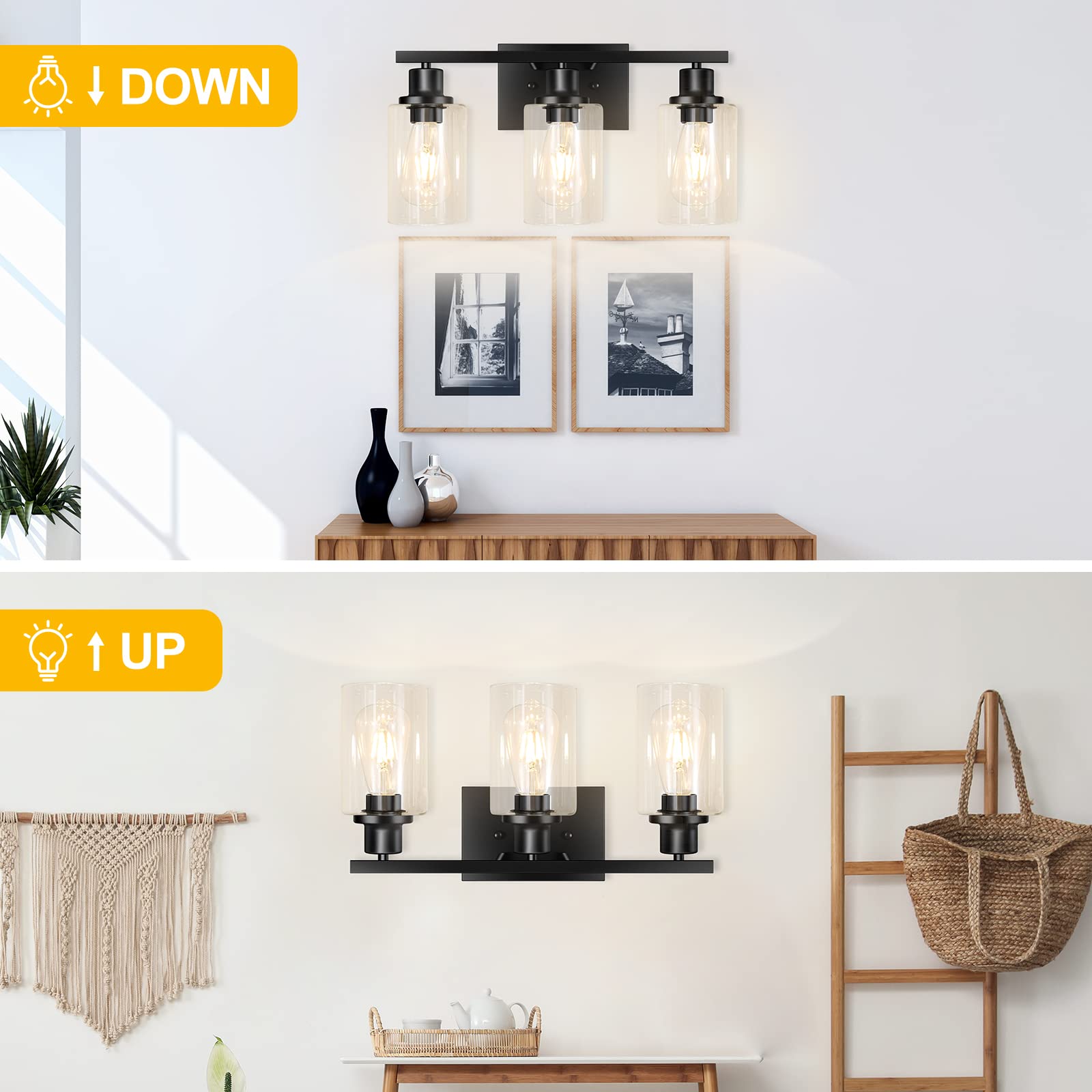 Apenath bathroom wall sconce with clear glass shades delivers even task lighting.