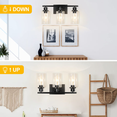 Apenath bathroom wall sconce with clear glass shades delivers even task lighting.