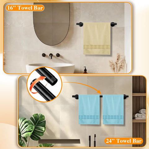 APerfectLife matte black 24-inch towel bar, wall-mounted for generous towel space.