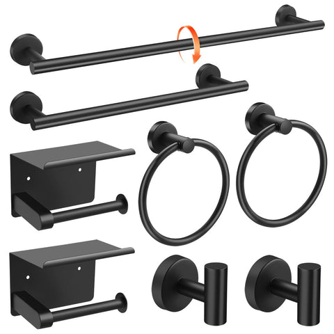 APerfectLife matte black 8-piece bathroom set, front view, durable finish and cohesive style.