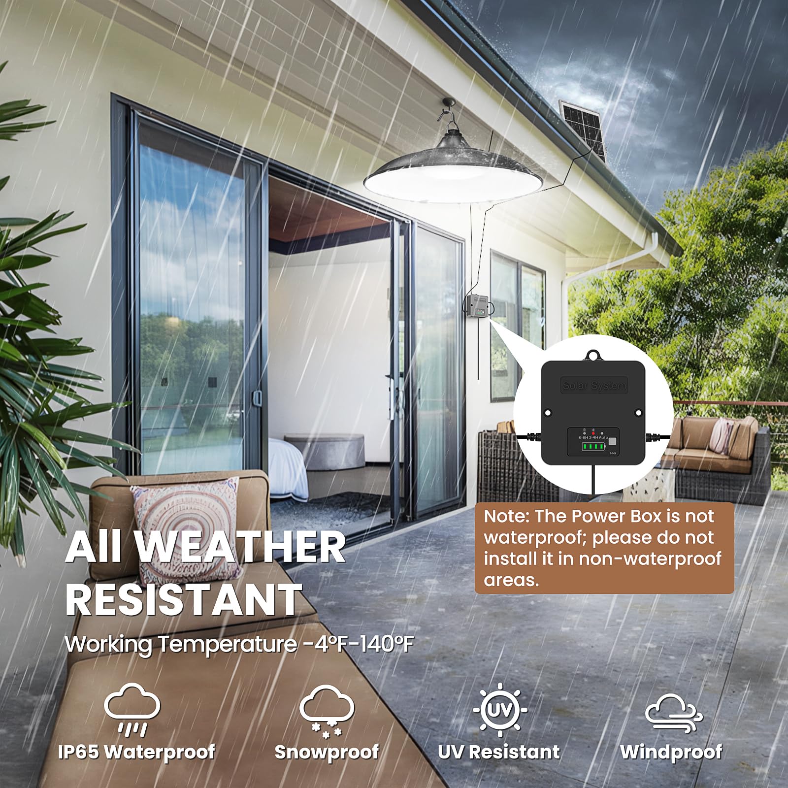 APILAB Solar Shed Light IP65 rating protects against rain and dust.