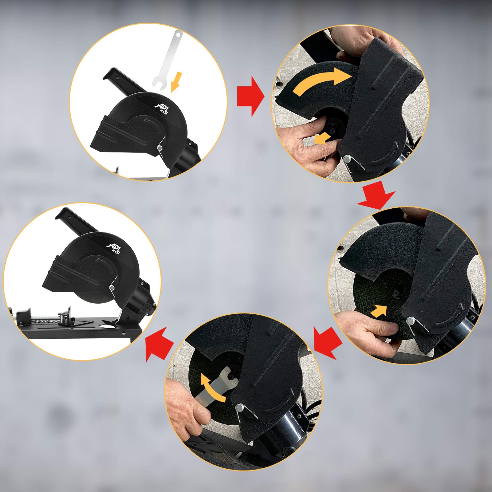 APL MAN 6-inch cut-off saw 0–45° angle capability for precise miters.