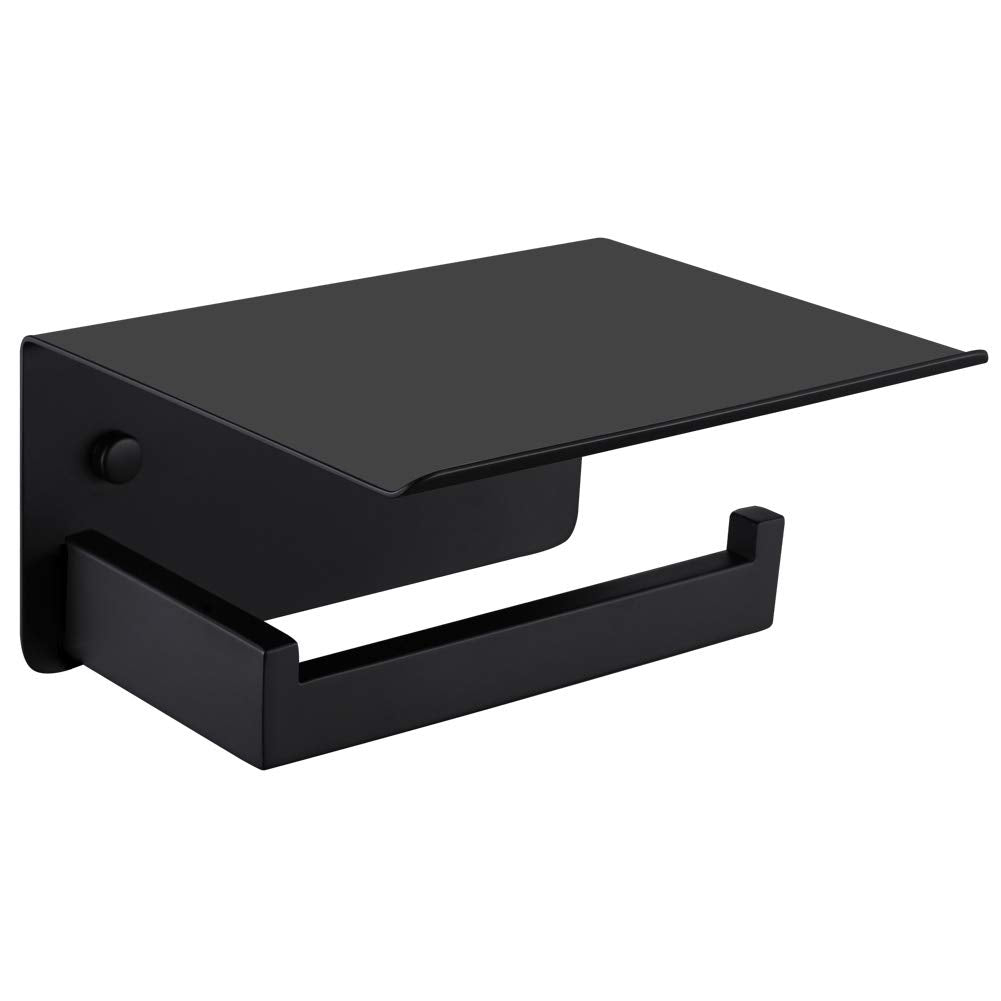 APLusee toilet paper holder with shelf in matte black keeps phone and tissues within reach