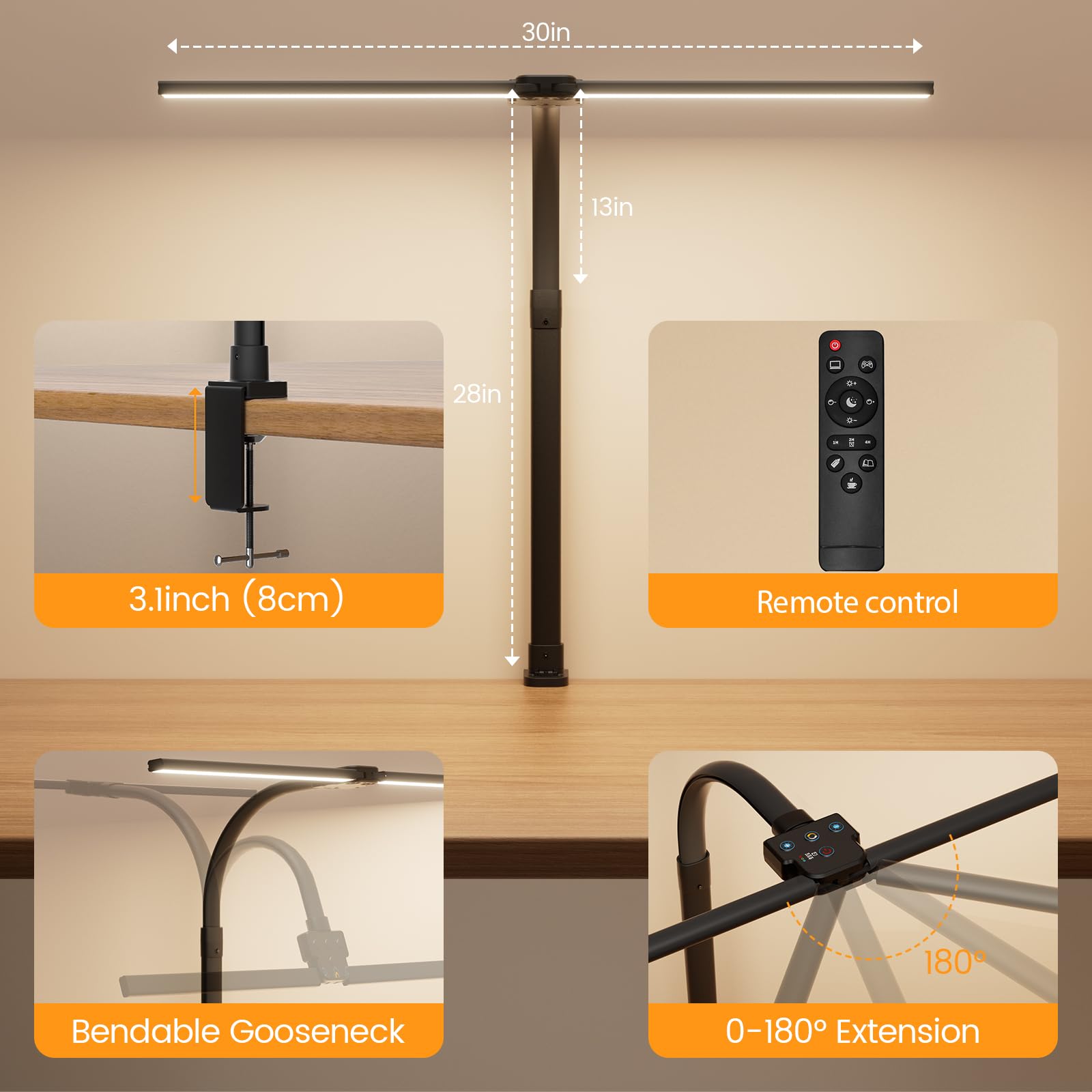 Sturdy clamp-on base saves desk space while staying secure.