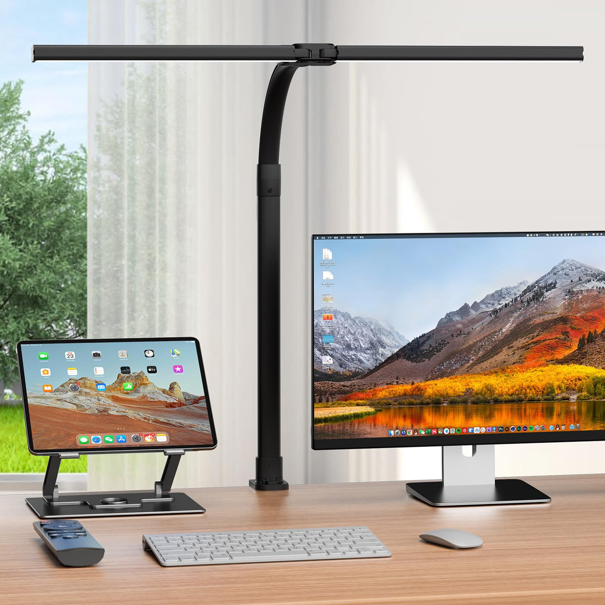 APMIEK dual-head LED desk lamp with adjustable arms for focused task lighting