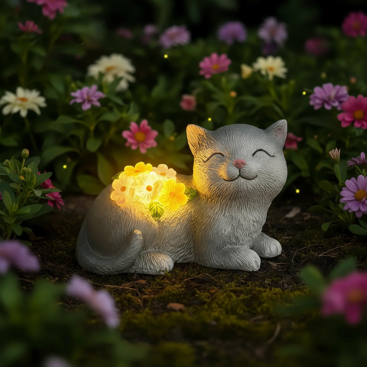 APOBATK Solar Cat Garden Statue with flowers-heart glows softly for cozy outdoor ambience.